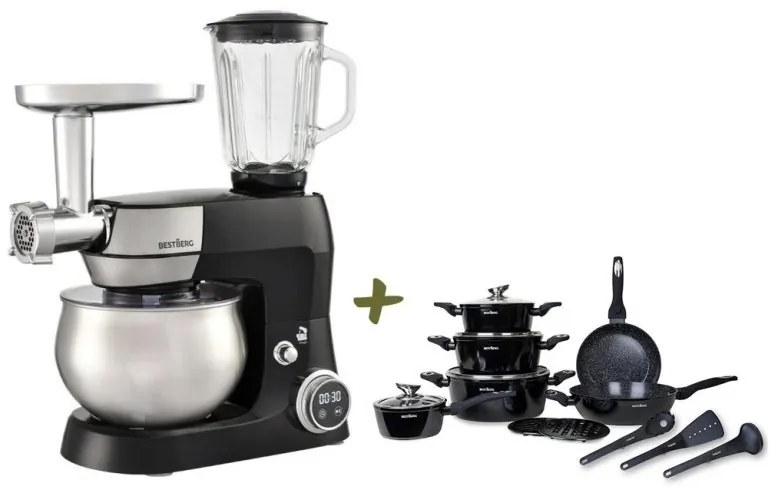 MEGAKOMBO Multifunkčný kuchynský robot BestBerg BBR-1900B + 15dielna sada riadu s mramorovým povrchom BestBerg BBN-1015A / čierna