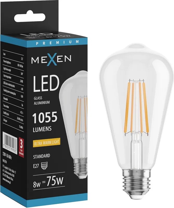 Mexen Vintis, LED filamentová žiarovka E27, ST64, 8 W, teplá biela 2200K, číra, L152-E27-0822-00