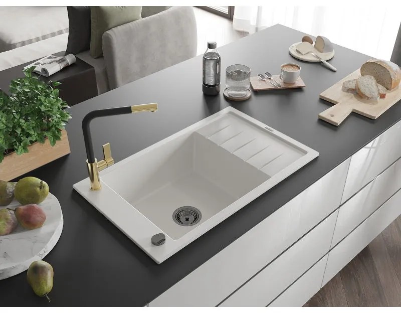 Mexen Elias, 1-komorový granitový drez 795x480x200 mm a drezová batéria Flora, biela, 6511-20-670401-57-B