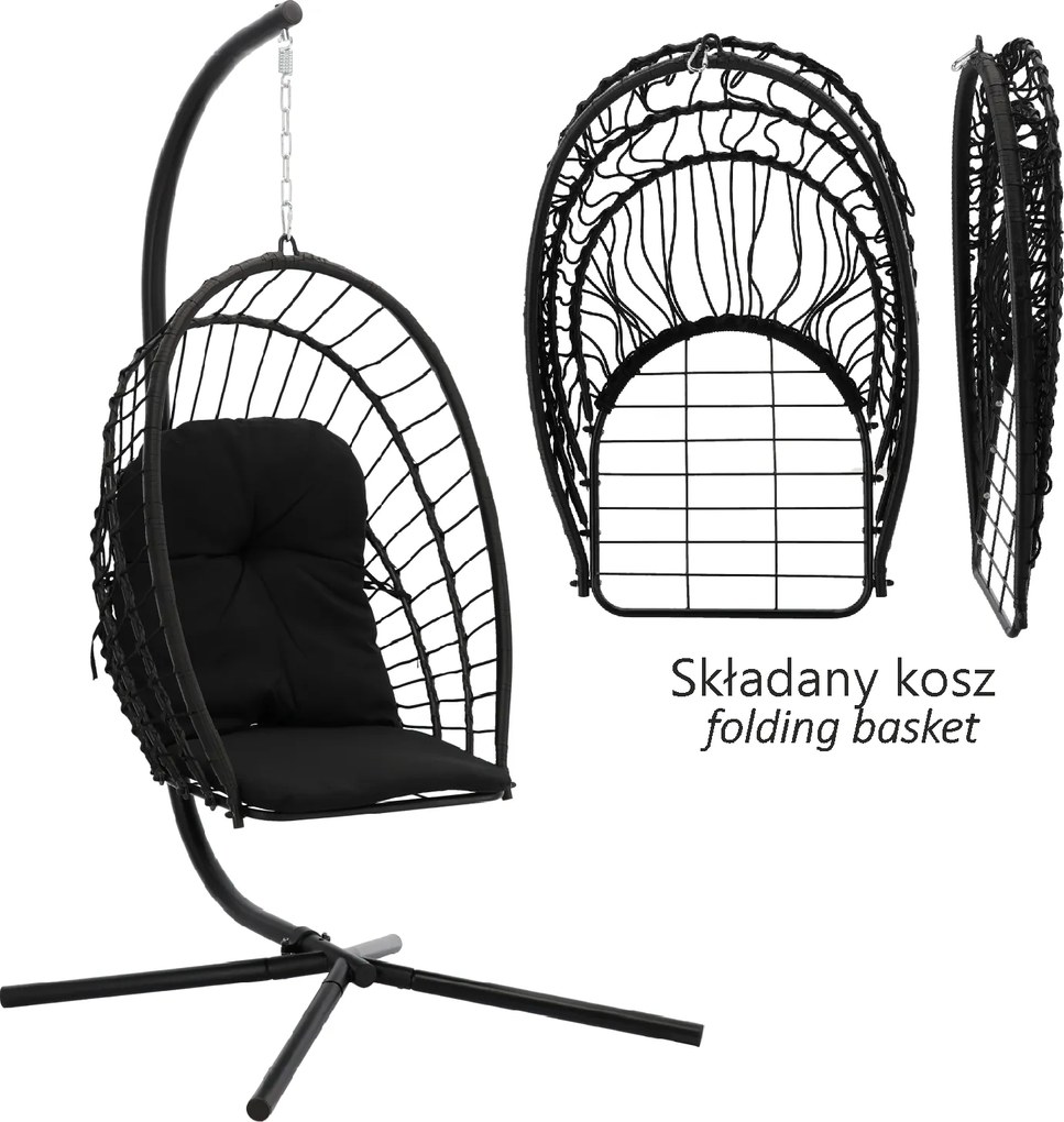 CH ERIS ČIERNA SKLADACIA ZÁVESNÁ STOLIČKA, VANKÚŠ – ČIERNY, RÁM – ČIERNY