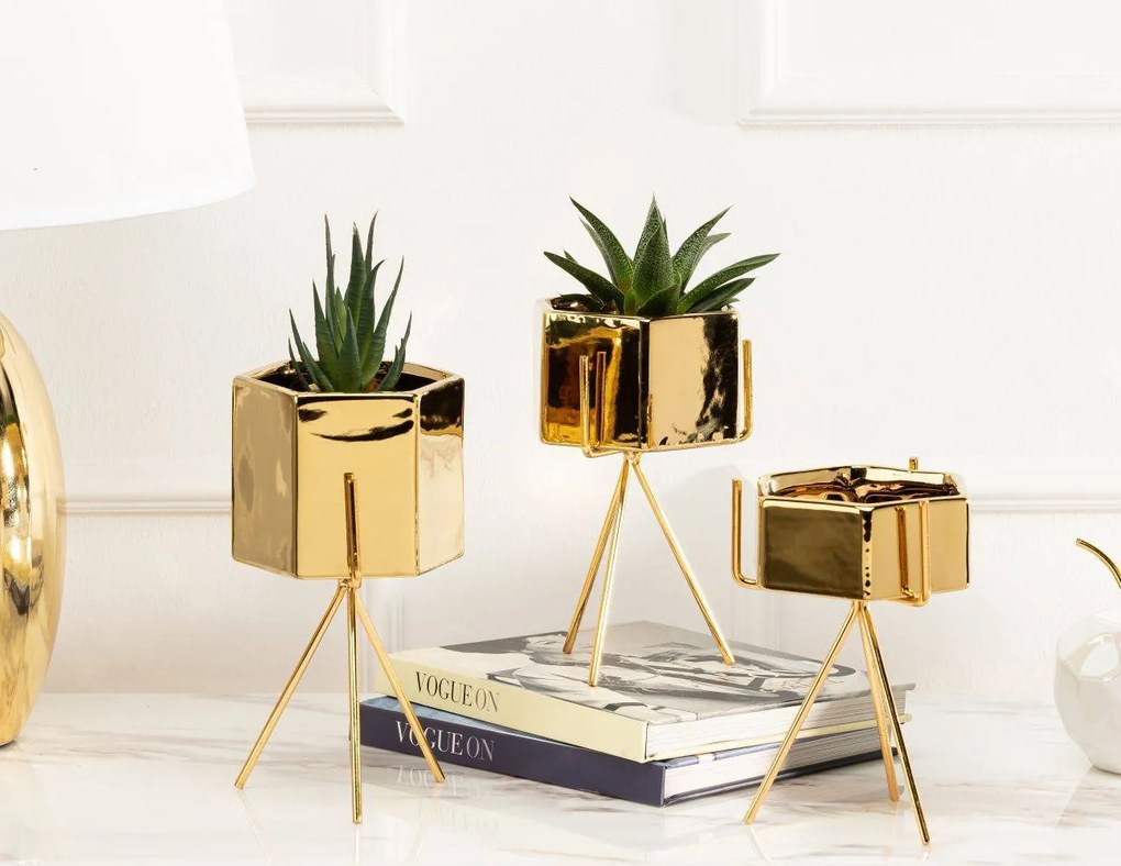 KERAMICKÝ KVETINÁČ SO STOJANOM SASHI 18X10 CM ZLATÁ