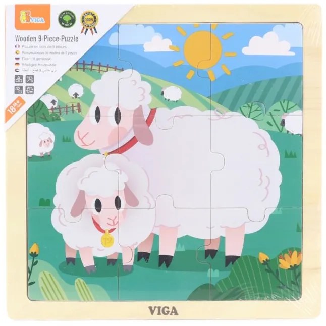 Viga Drevené puzzle 9 dielikov - ovečky