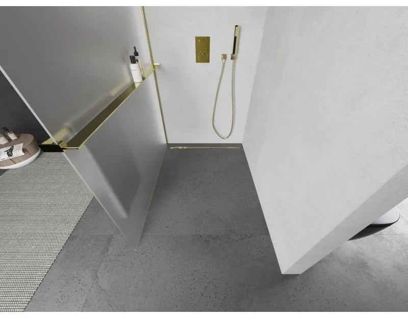 Mexen Kioto+ L, sprchová zástena Walk-In s poličkou a vešiakom 80 x 200 cm, 8mm sklo námraza, zlatý lesklý profil,800-080-123-50-30