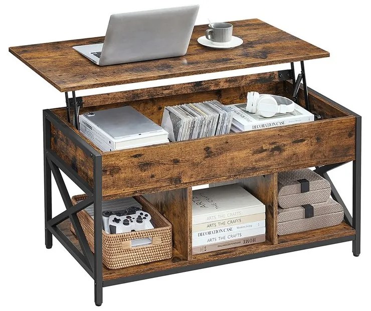 VASAGLE výškovo nastaviteľný konferenčný stolík s úložným priestorom – vintage hnedo-čierny LCT202B01