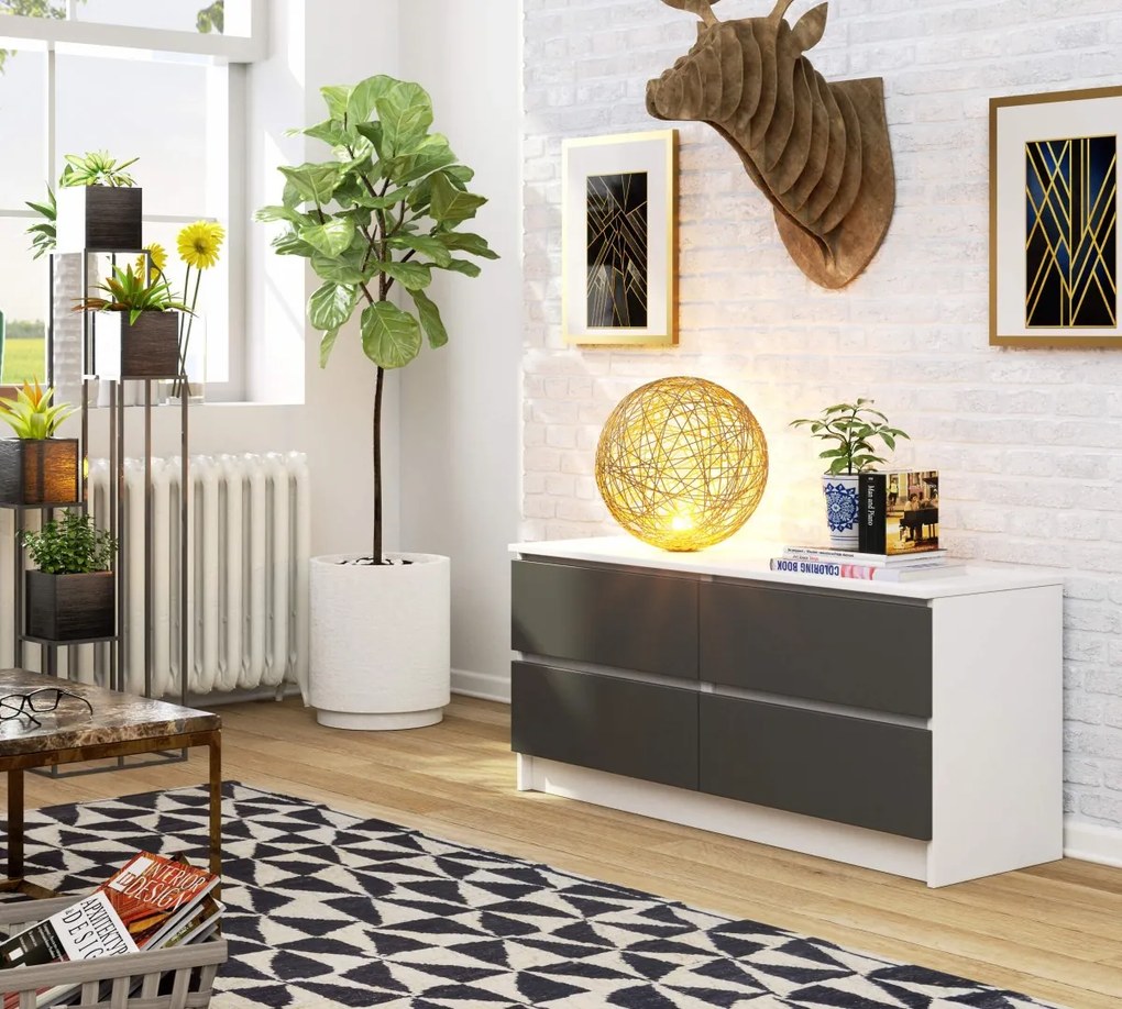 Komoda Kuba 120 cm 4 zásuvky biela/grafit