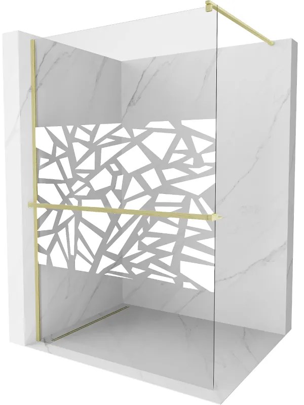 Mexen Kioto+, sprchová zástena Walk-In s poličkou a vešiakom 130 x 200 cm, 8mm číre sklo biely vzor, zlatý matný profil, 800-130-121-55-85