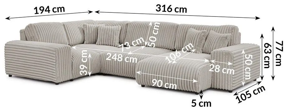 Svetlosivá menčestrová rohová pohovka (ľavý roh/do tvaru "U") Justin – Ropez