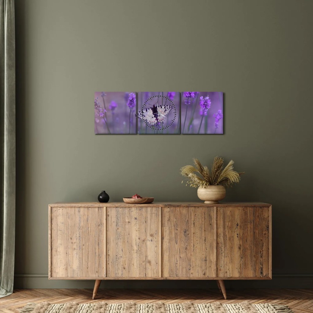 Obraz - Motýľ v levanduli (s hodinami) (90x30 cm)