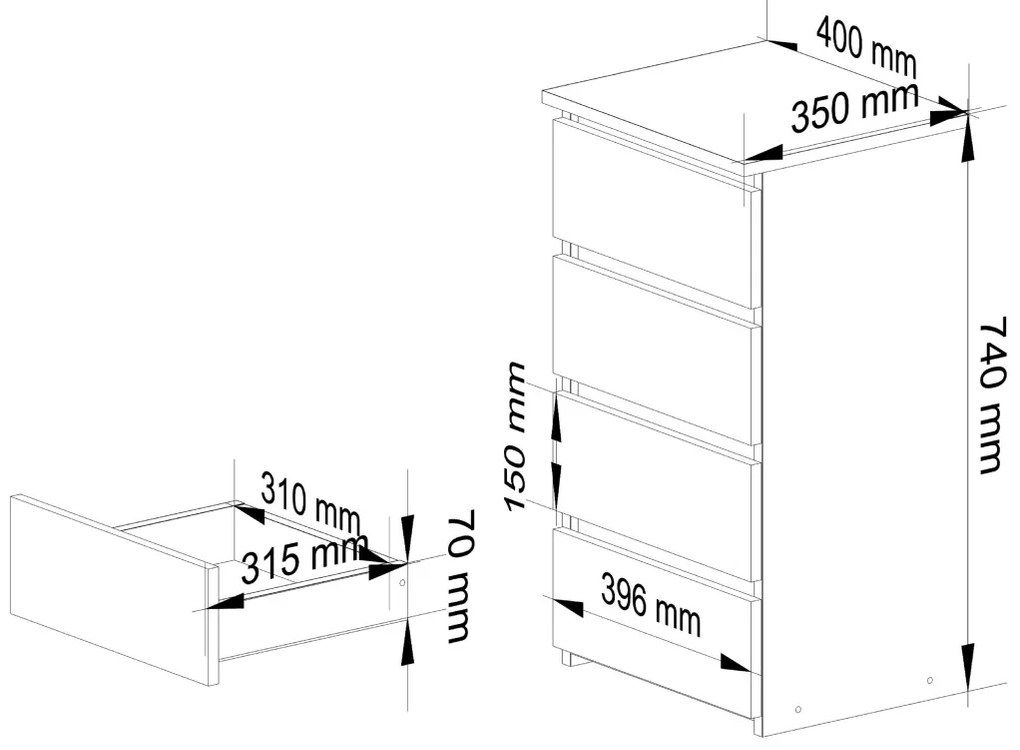 Komoda CLAV 40 cm 4 zásuvky hnedá