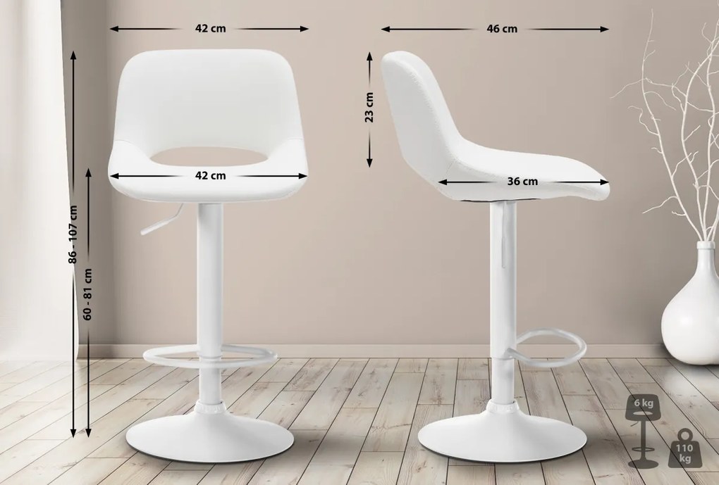 2x Barová stolička Camden - koženka, biely rám - Biela