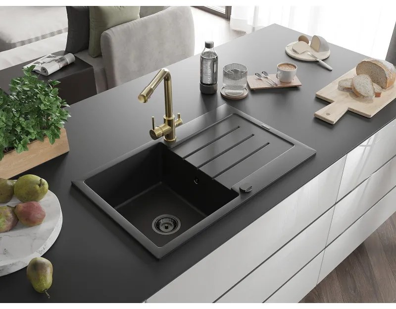 Mexen Bruno, 1-komorový granitový drez s odkvapkávačom 795x495x200 mm a zlatá batéria Duero, čierna, 6513-77-671600-50-B