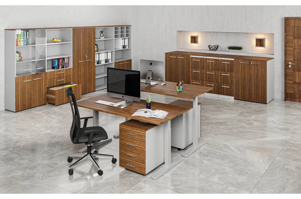 Kombinovaná kancelárska skriňa PRIMO GRAY, dvere na 3 poschodia, 800 x 420 x 1434 mm, sivá/orech