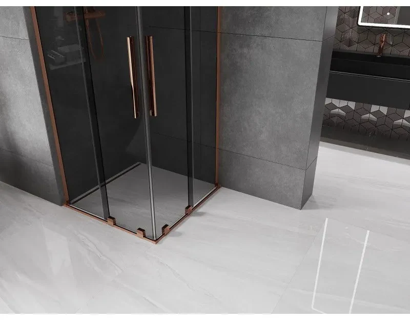 Mexen Velar L Duo, sprchový kút s posuvnými dverami 90 x 90 cm, 8mm šedé sklo, ružové zlato, 871-090-090-02-43-60