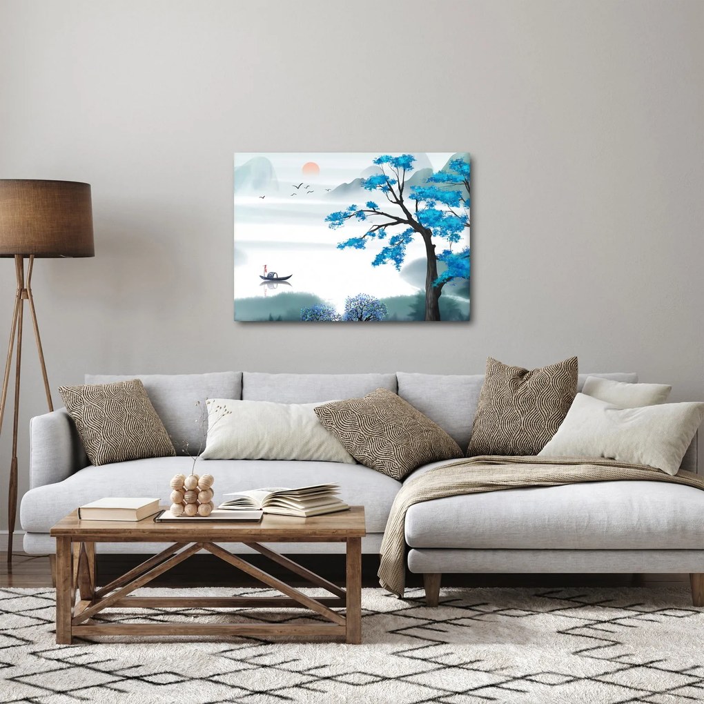 Obraz - Maľované jazero s loďkou (70x50 cm)