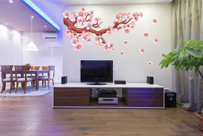 Nálepka na stenu do interiéru rozkvitnutý konár s ružovými kvetmi 50 x 100 cm