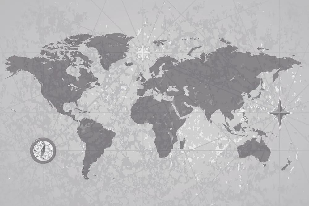 Samolepiaca tapeta vintage mapa sveta v čiernobielom prevedení