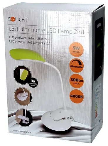 SOLIGHT LED stmievateľná stolná lampa s klipom, 5 W, denná biela, 3 farebné kryty