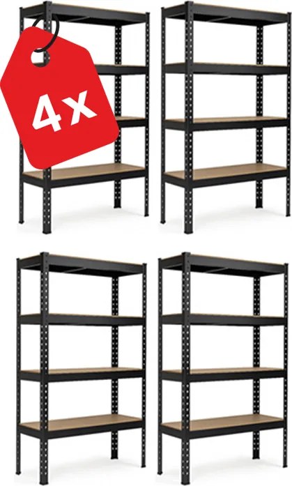 Akcia 4x Regál 168x160x60 cm profesionálny 4-policový, nosnosť 1600 kg - čierny - 4ks