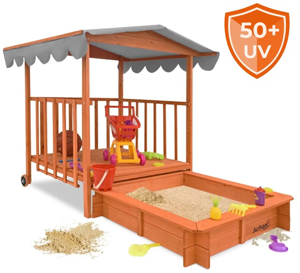 Pieskovisko s verandou HAPPY, 130x130x143 cm, hnedá/šedá Jurhan