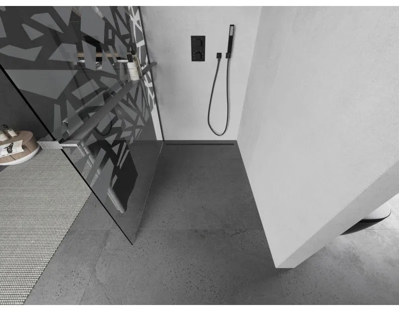 Mexen Kioto+ L, sprchová zástena Walk-In s poličkou a vešiakom 70 x 200 cm, 8mm číre sklo biely vzor, grafitový profil, 800-070-123-66-85