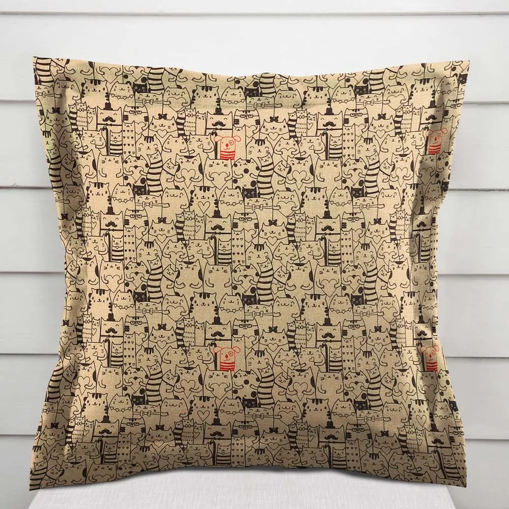 Biante Dekoračná obliečka na vankúš s lemom PML-093 Pes medzi mačkami na hnedobéžovom 50 x 60 cm