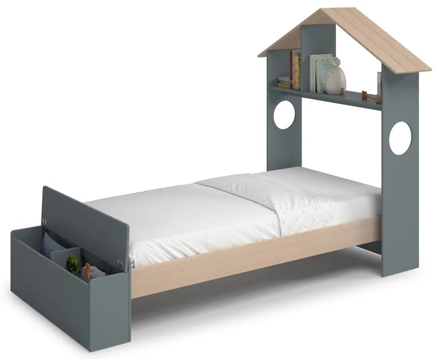 Domčeková detská posteľ v dekore borovice s úložným priestorom s roštom 90x190 cm v prírodnej farbe/sivozelená Odessa – Marckeric