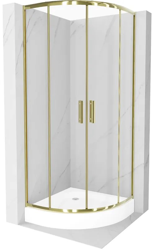 Mexen Rio, štvrťkruhový sprchovací kút s posuvnými dverami 80(dvere) x 80(dvere) x 190 cm, 6mm číre sklo, zlatý profil + biela sprchová vanička RIO, 863-080-080-50-00-4710