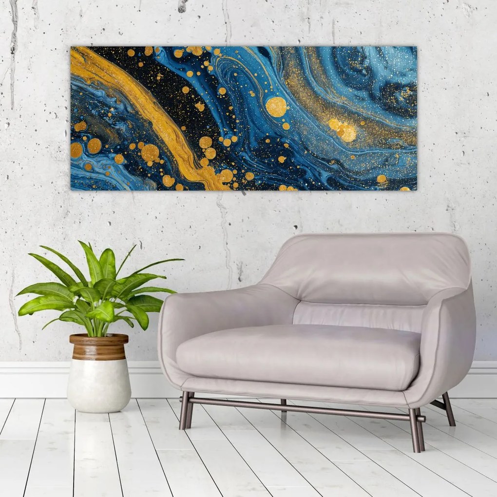 Obraz - Modrá abstrakcia so zlatom (120x50 cm)