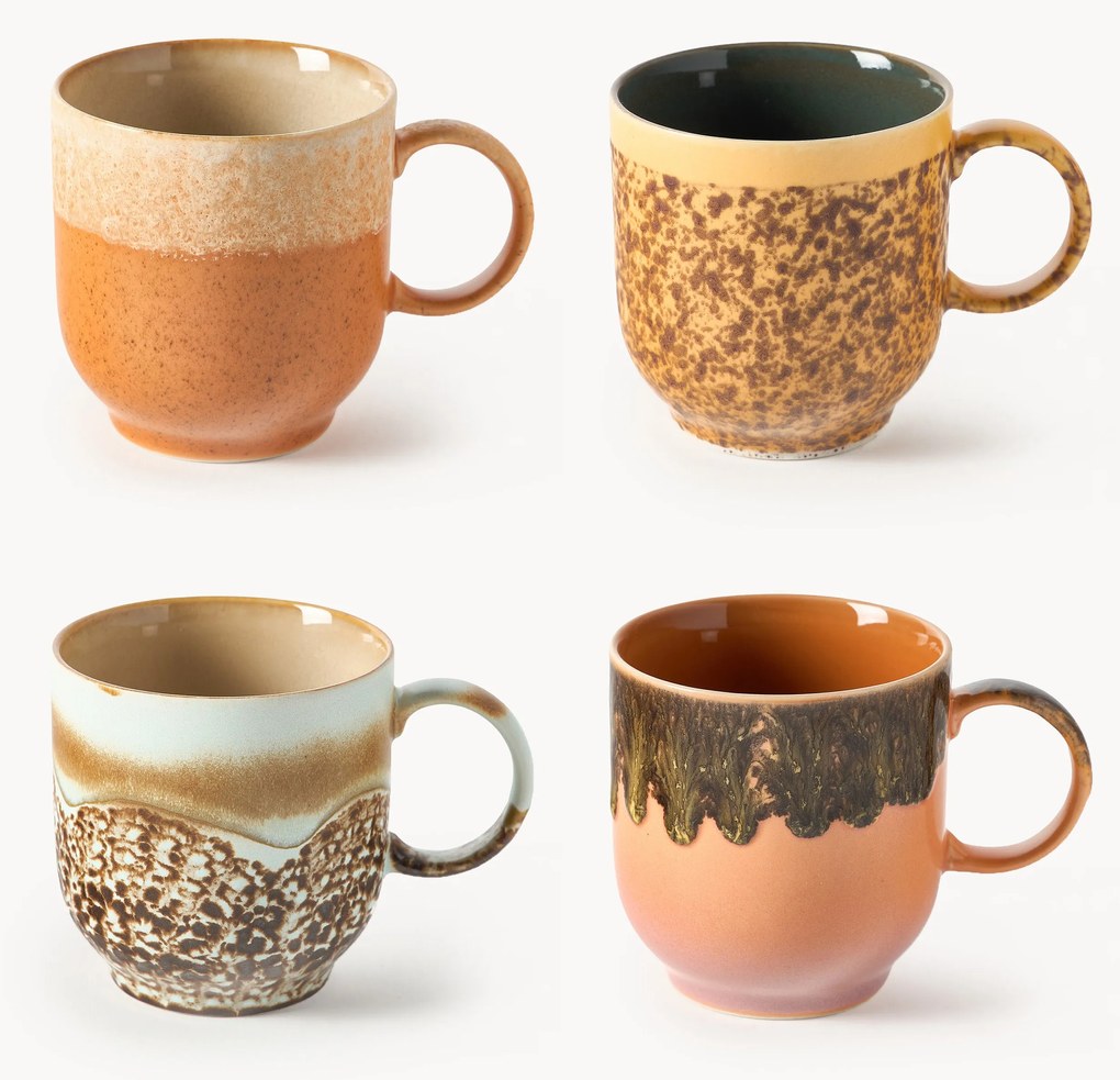 Ručne vyrobené hrnčeky's reaktívnou glazúrou 70's, 4 ks