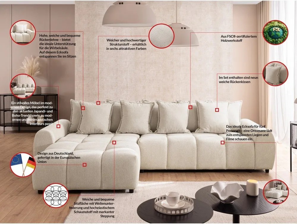 Béžová rohová pohovka (ľavý roh/s leňoškou) Albane – Ropez