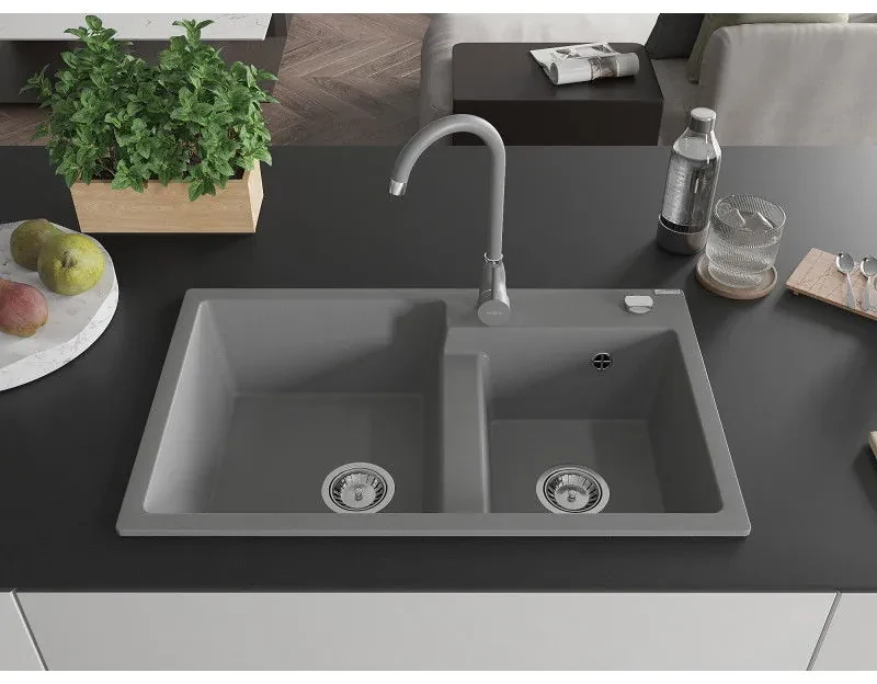Mexen Tomas, granitový drez 800x500x190 mm, 2-komorový a šedá batéria Telma, šedá, 6516-71-670200-71