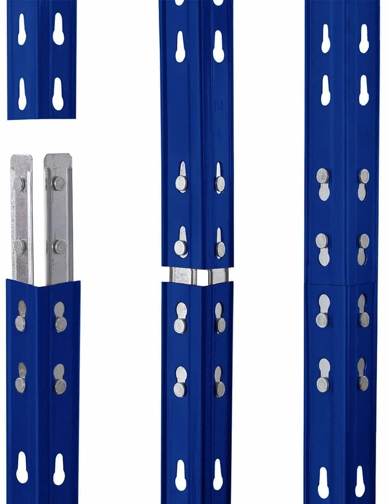 Majster Regál RIVET bezskrutkový kovový regál s HDF policou, 180x90x45 cm, 4 police, 250kg na policu, modrá farba, Modrá