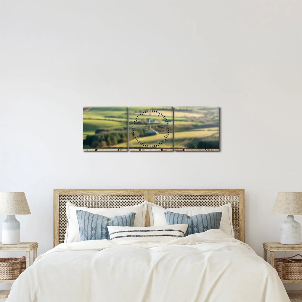 Obraz - Drevená polica s krajinou (s hodinami) (90x30 cm)