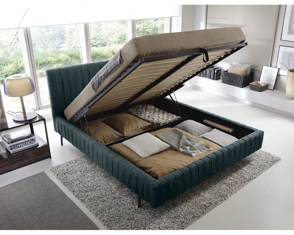 Čalúnená dvojlôžková posteľ s úložným priestorom s roštom 160x200 cm v petrolejovej farbe Plissa – ELTAP