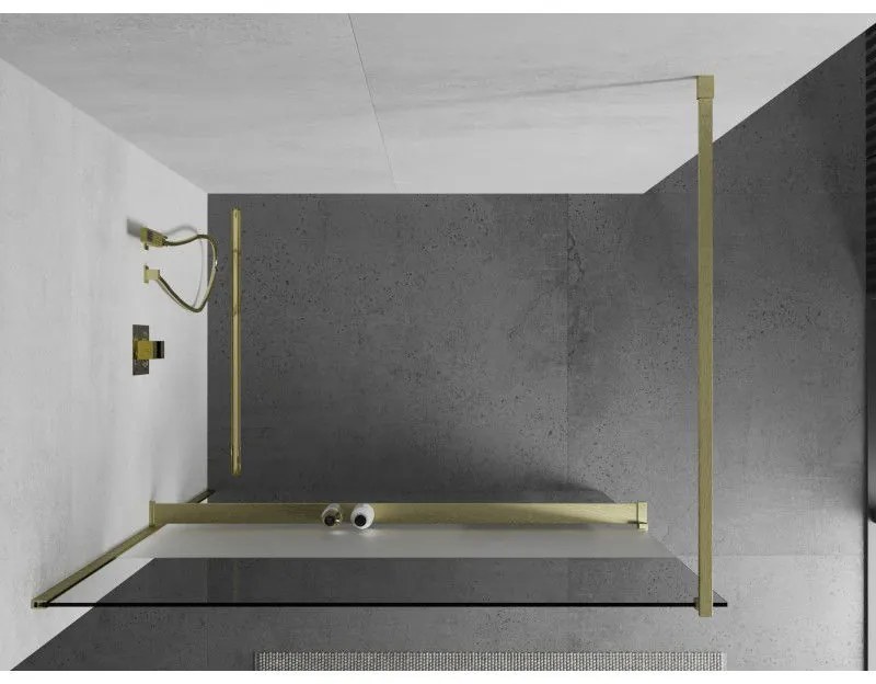 Mexen Kioto+, sprchová zástena Walk-In s poličkou a vešiakom 90 x 200 cm, 8mm číre sklo-námraza, zlatý matný profil, 800-090-121-55-35