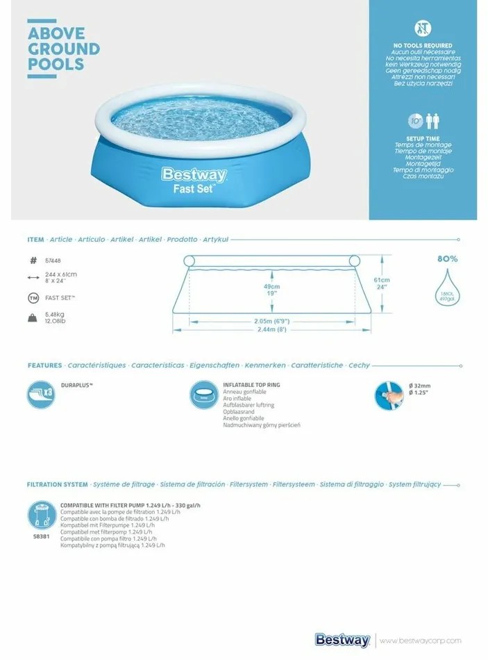 Bestway 57448 Nafukovací bazén Fast Set, 244 x 61 cm