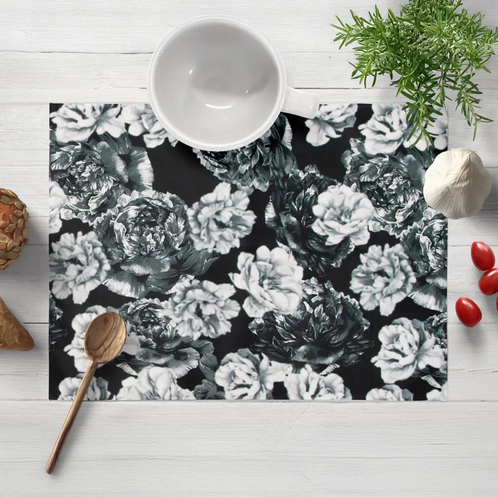 Biante Zamatové prestieranie na stôl Tamara TMR-040 Čierno-biele pivonky na čiernom 35x45 cm