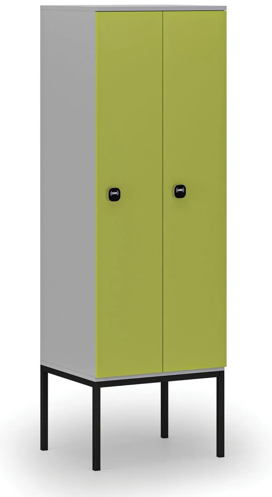 Drevená šatníková skrinka s podnožou, 2 oddiely, 1871 x 600 x 500 mm, demont, RFID zámok, sivá/zelená