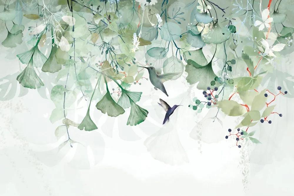 Tapeta zelené listy s kolibríkmi