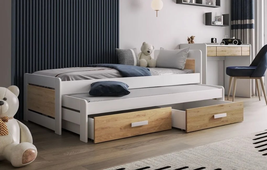 Detská posteľ z masívu borovice TIESTO s prístelkou a šuplíky - 200x90 cm - biela/dub shetland