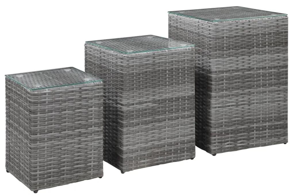 Bočné stolíky so sklenenou doskou 3 ks sivé polyratanové