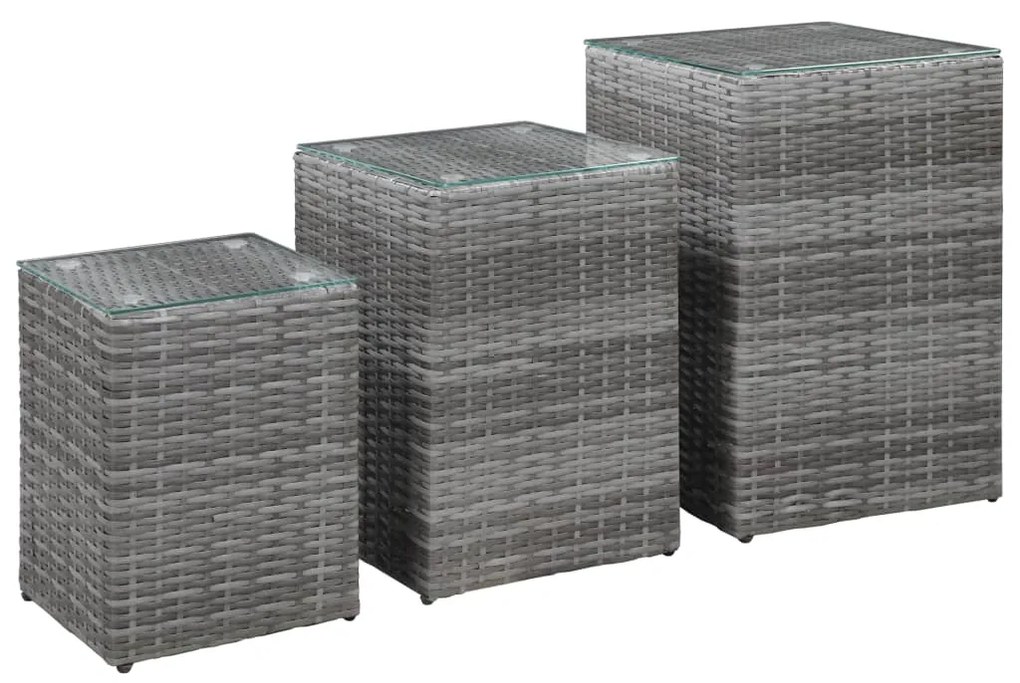 vidaXL Bočné stolíky so sklenenou doskou 3 ks sivé polyratanové