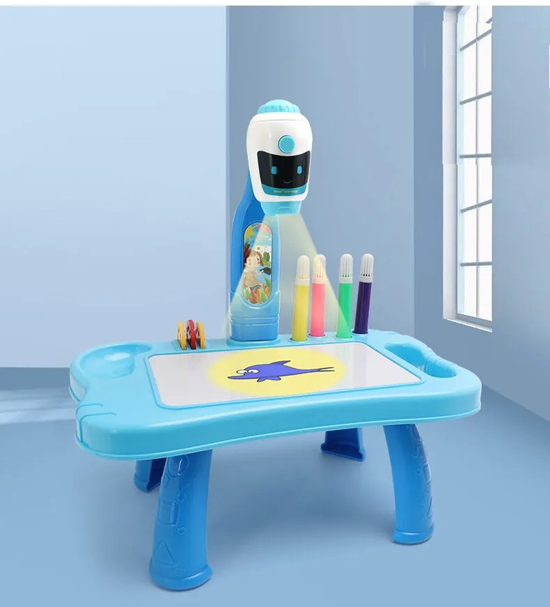 LEAN TOYS Mini projektorový stôl 2v1 s príslušenstvom – Modrý