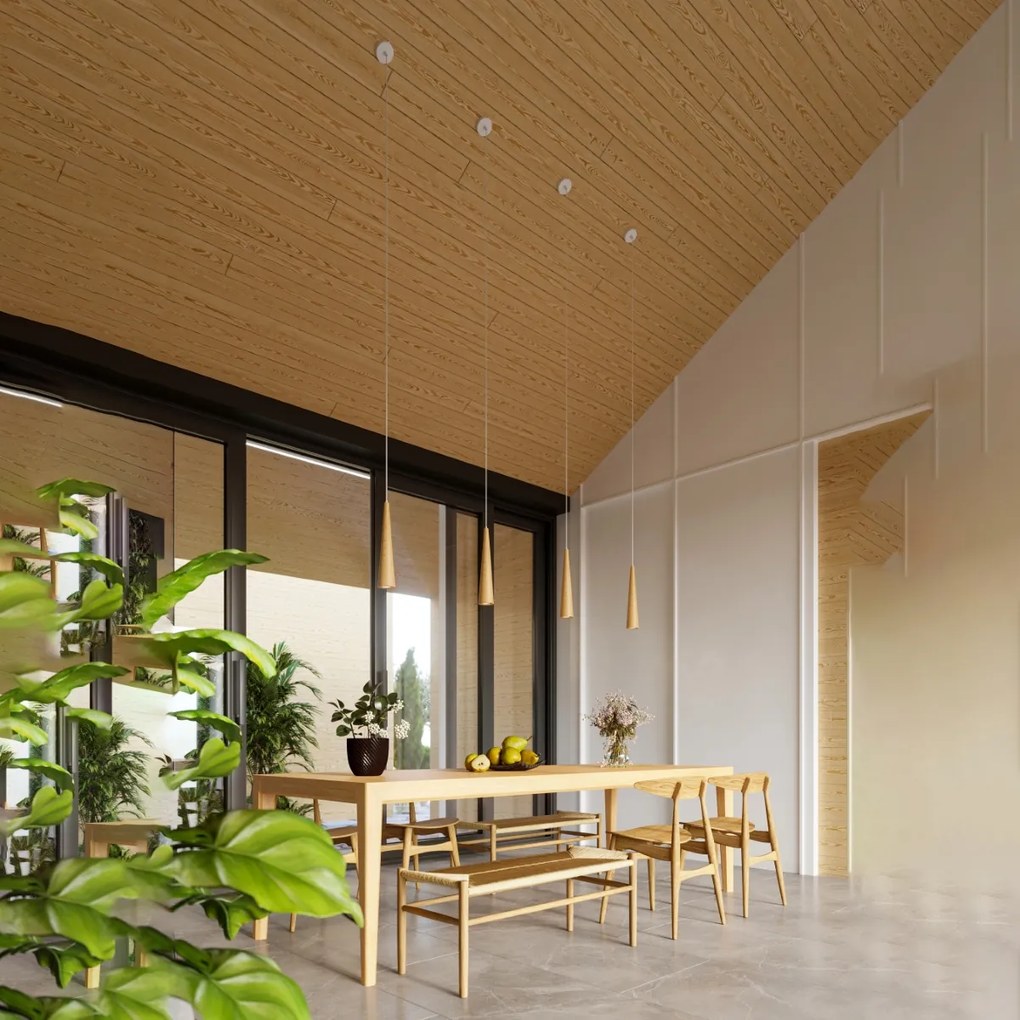 Závesné svietidlo Sula 3p, 3x drevené tienidlo