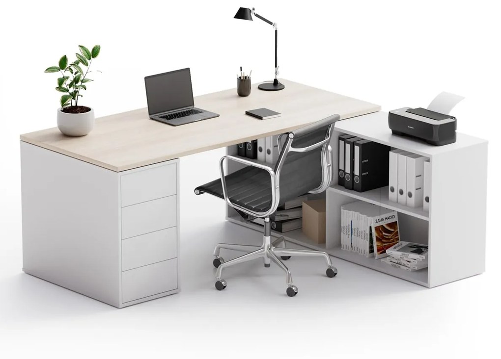 PLAN Kancelársky písací stôl s úložným priestorom BLOCK B04, biela/dub prírodný