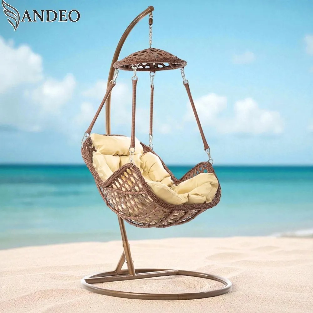 Závesné hojdacie kreslo HAVANNA EXTRA- hnedé + béžové vankúše