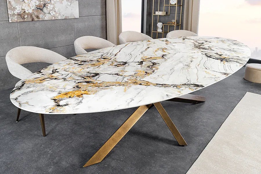 Jedálenský stôl SCULPTURE 280 cm oválny bronzový rám s keramickou doskou, viacfarebný mramorový vzhľad