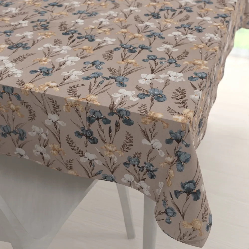Biante Bavlnený obdĺžnikový obrus Sandra SA-637 Modro-béžovo-biele kosatce na sivobéžovom 120x140 cm