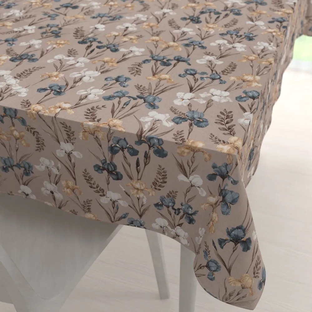 Biante Bavlnený obdĺžnikový obrus Sandra SA-637 Modro-béžovo-biele kosatce na sivobéžovom 140x160 cm