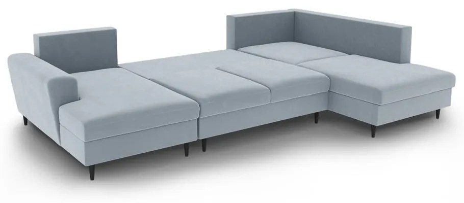Svetlomodrá zamatová rozkladacia/s úložným priestorom rohová pohovka (pravý roh/do "U") Kyoto – Cosmopolitan Design